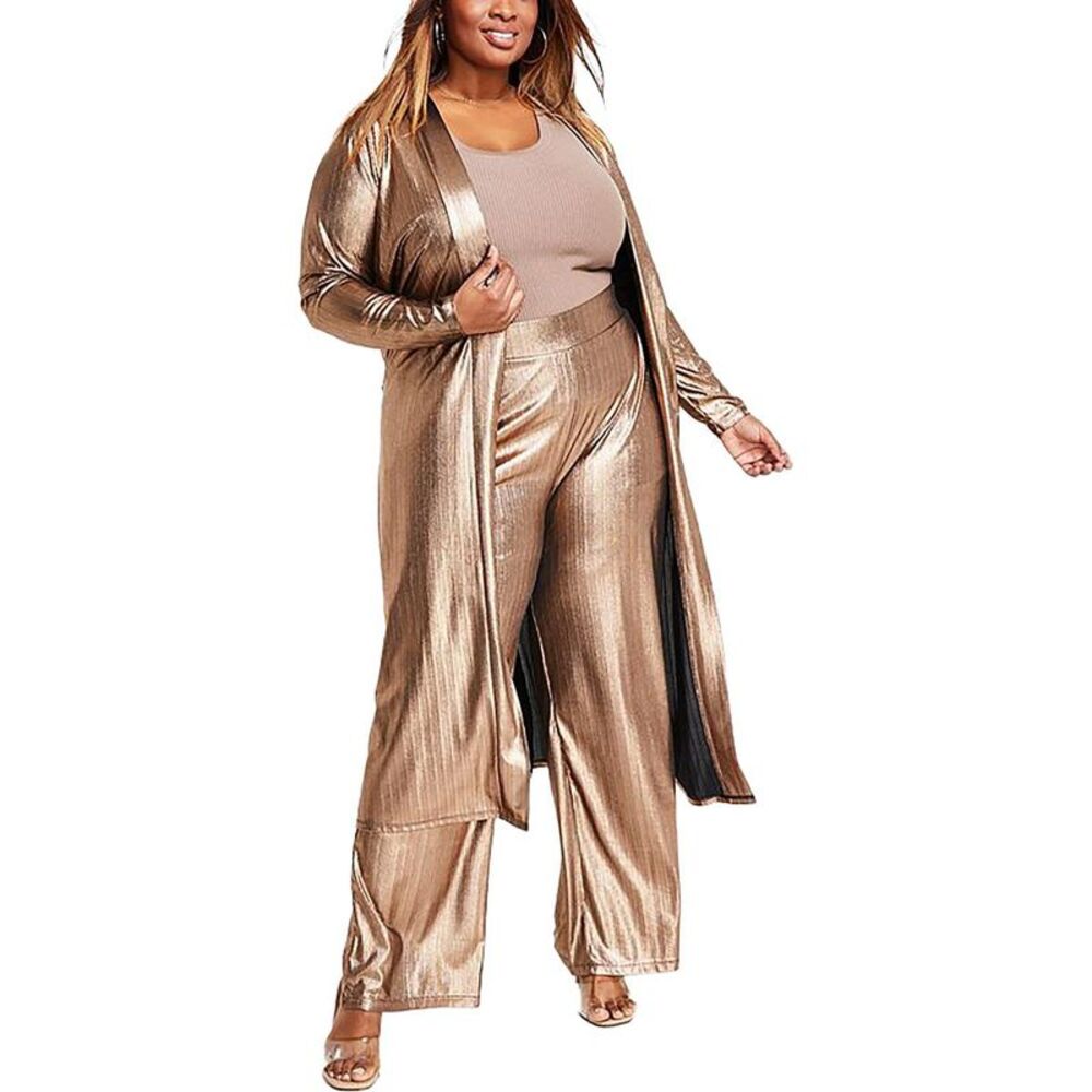Nina Parker Womens Bronze Metallic Long Duster Kimono Cardigan Plus NWT